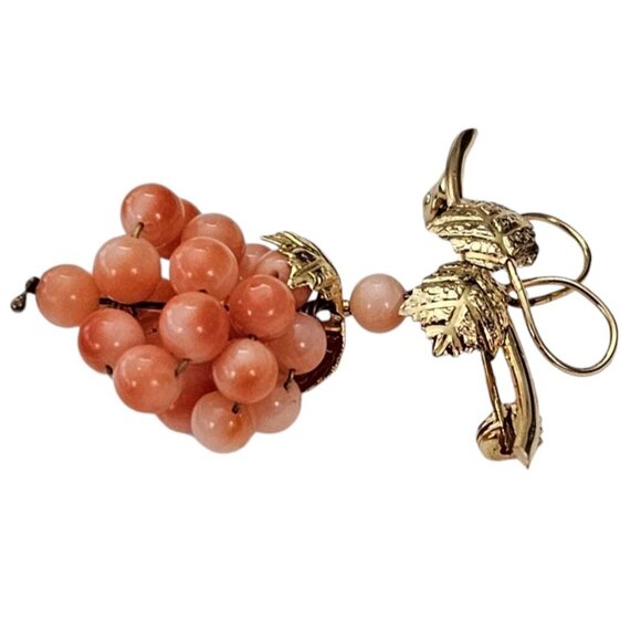 Glass Coral Bead Grape Cluster Brooch, Vermeil 800 Silver Vine Dangle Pin L532 - Picture 3 of 8